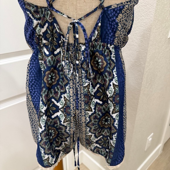 Lush Womens Romper XS Blue Brown Boho Sleeveless Casual V Neck‎ Criss Cross - Picture 8 of 8